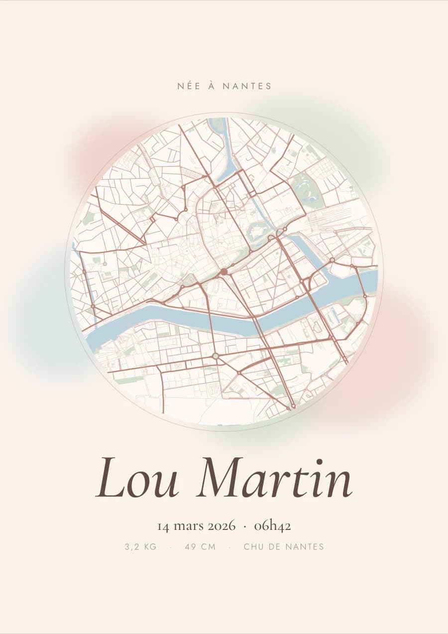 Poster de naissance personnalisé, style Aquarelle, carte du lieu (exemple)