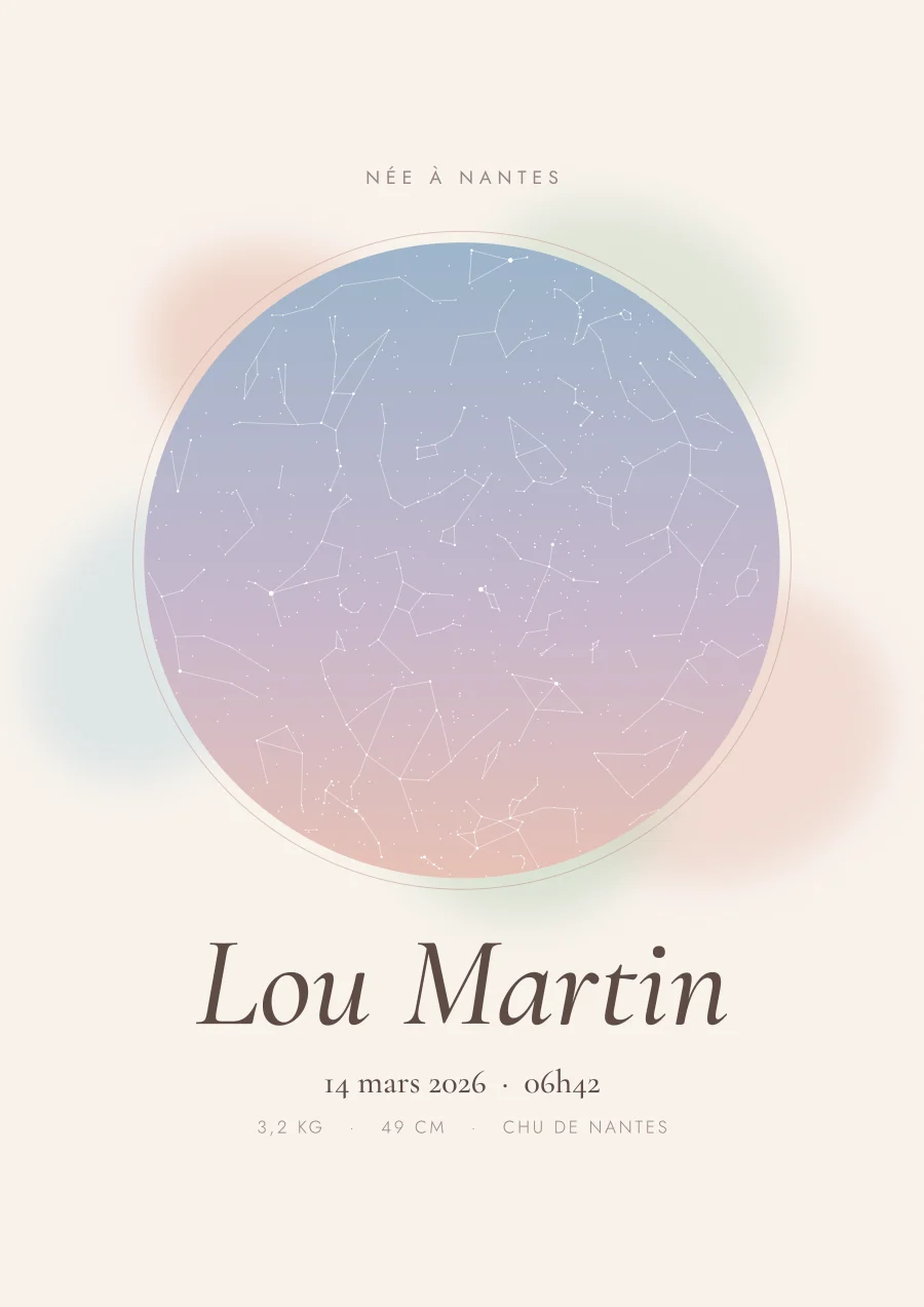 Poster de naissance personnalisé, style Aquarelle, ciel étoilé (exemple)