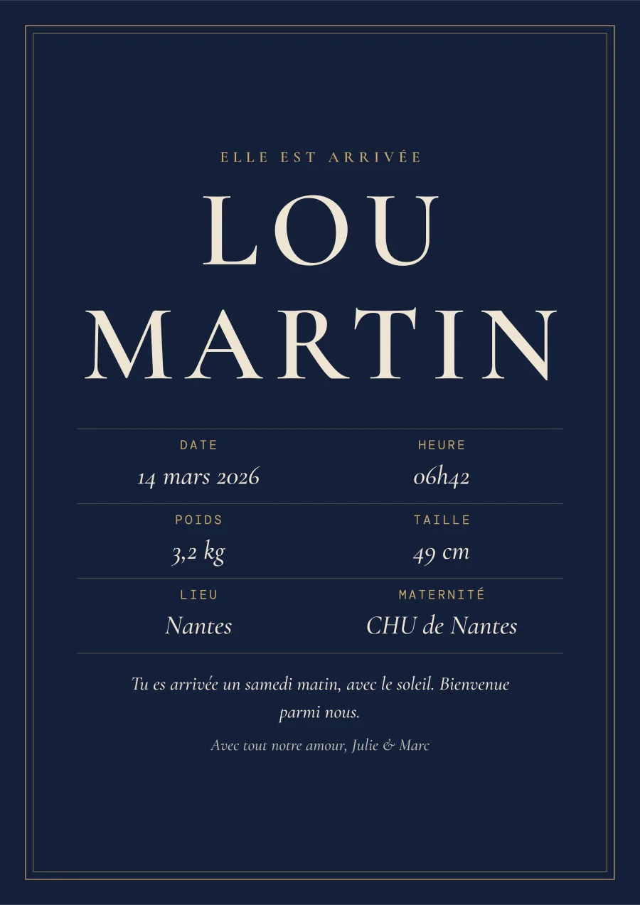 Poster de naissance personnalisé, style Nuit étoilée, texte seul (exemple)