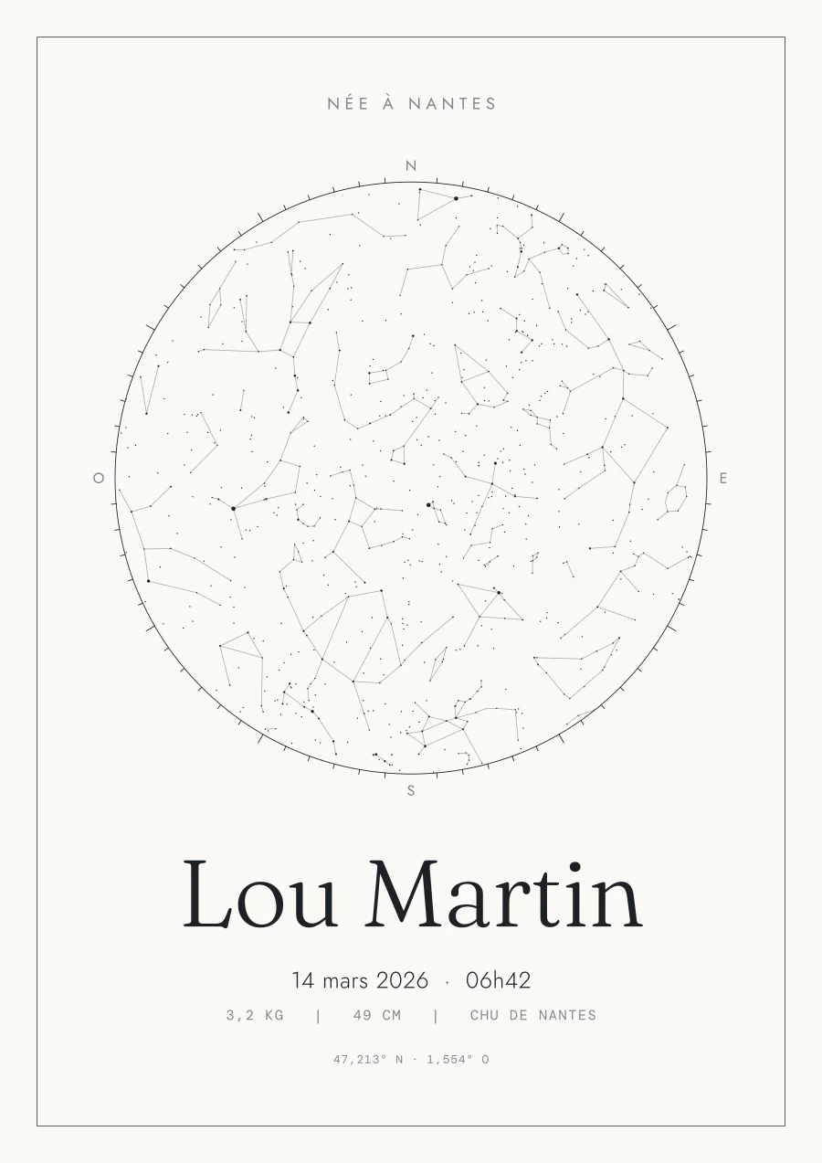 Poster de naissance personnalisé, style Trait fin, ciel étoilé (exemple)