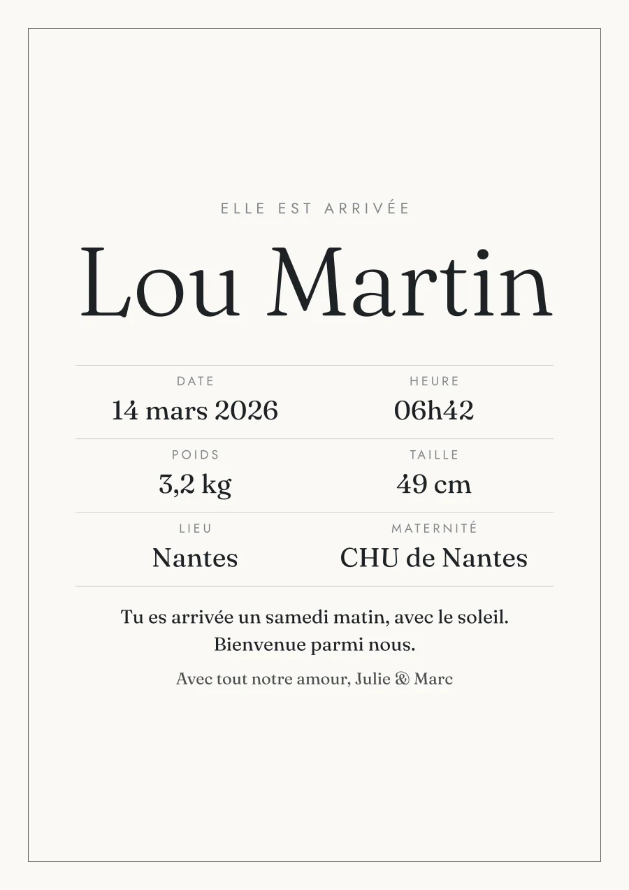 Poster de naissance personnalisé, style Trait fin, texte seul (exemple)